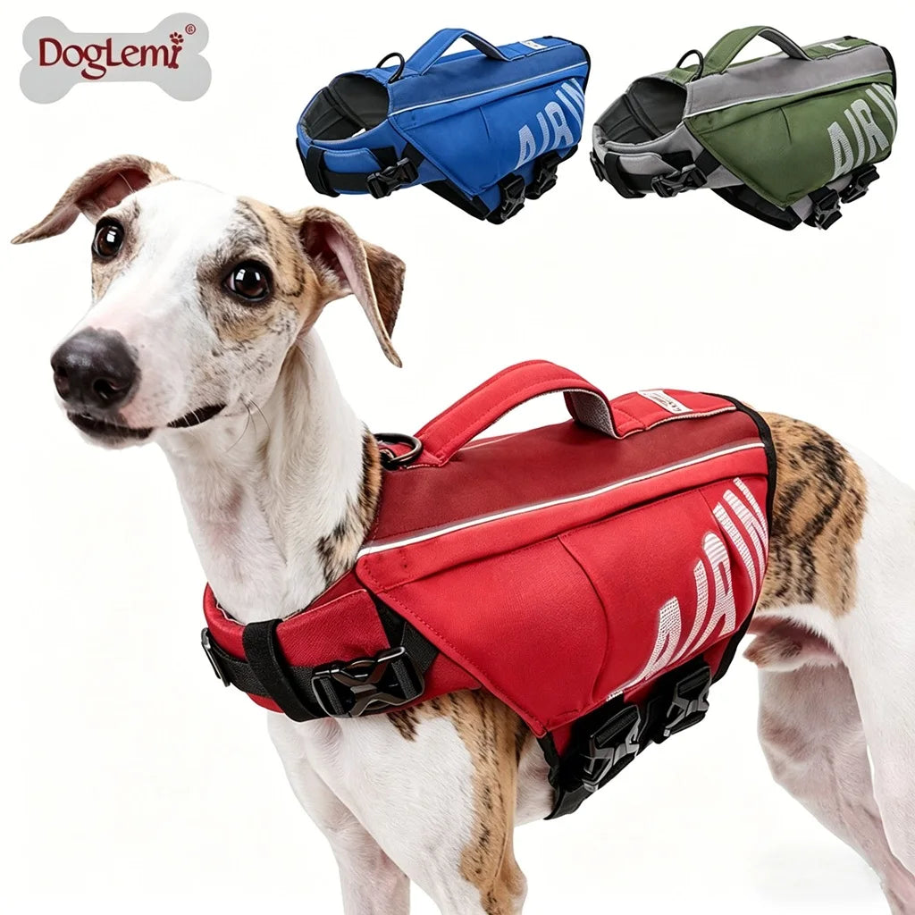Dog Life Jacket with Airbag & Reflective Strips, Adjustable Dog Vest for Swimming Safety, Oxford Cloth, S/M/L, Red/Army/Blue