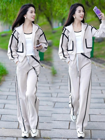 Women's Fashion Color Matching Zipper Cardigan Jacket + Wide-leg Pants Sports Casual Loose Two Piece Set