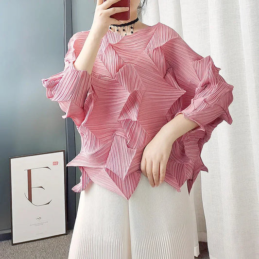 Diamond Pleated Top 8161 Artistic Raglan Sleeve Crew Neck T-Shirt  Spring Summer Fashionable Pleated Des