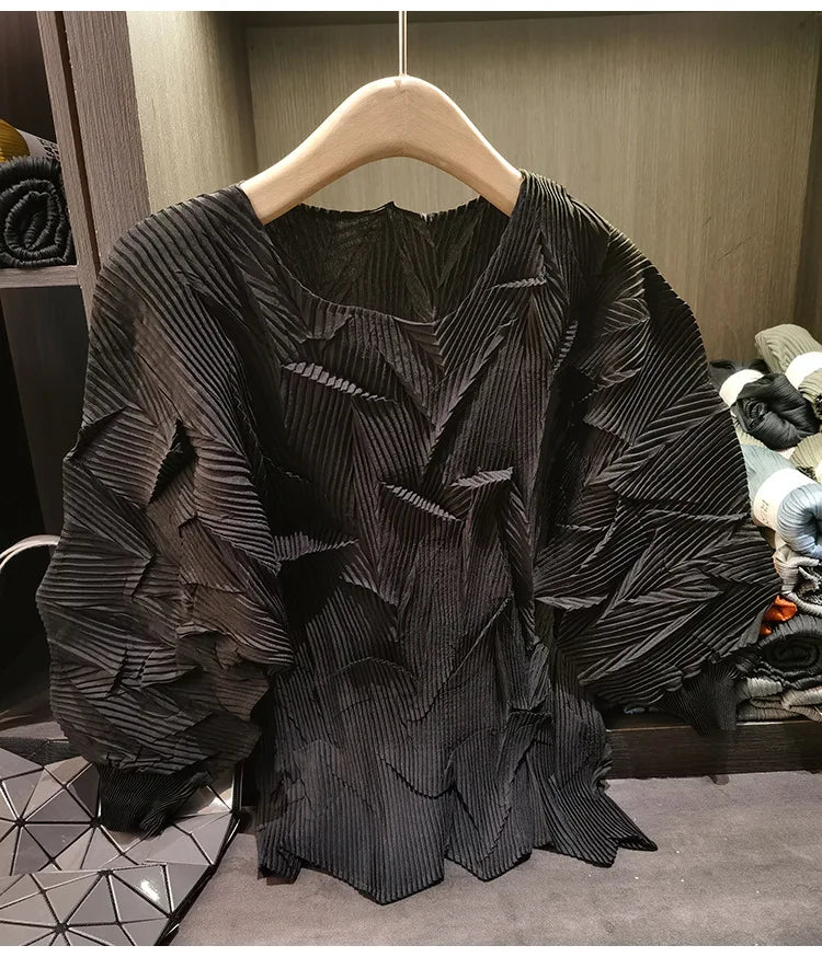 LANMREM New Batwing Sleeve Pleated Women's T-shirt American Style Loose Versatile Chic Round Collar Pullover Tops 2DB6558