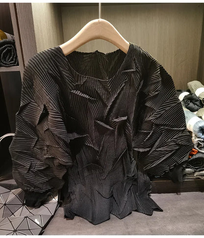 LANMREM New Batwing Sleeve Pleated Women's T-shirt American Style Loose Versatile Chic Round Collar Pullover Tops 2DB6558