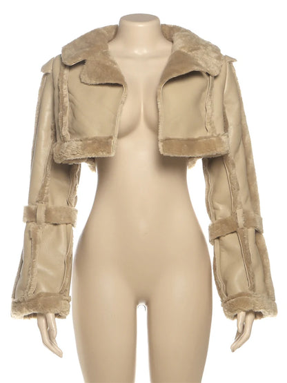 Weird Puss Furry Patchwork Women Crop Jacket Hipster Full Sleeve Open Stitch Hipster Streetwear Warm Outwear Basic Wild Coat