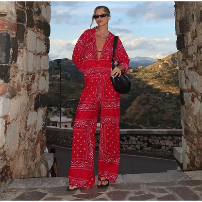 Women's Bandana Print Two Piece Set Boho Long Sleeve Shirt & Wide Leg Pants Matching Outfits for Beach Vacation Streetwear 2026