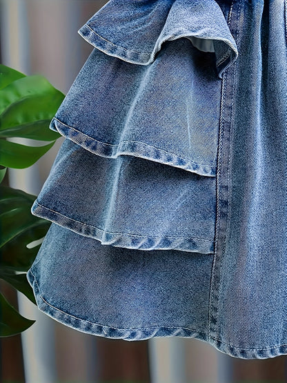 Girls Summer Pleated Frill Denim Shorts Fashionable Lightweight Beach Seaside Holiday Wear for Kids.Full elastic waistband