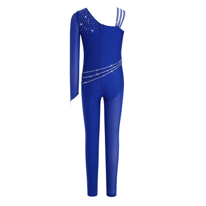 Kids Girls Ballet Dance Gymnastics Leotard Shiny Rhinestones Mesh Asymmetrical Jumpsuit for Figure Skating Acrobatic Performance