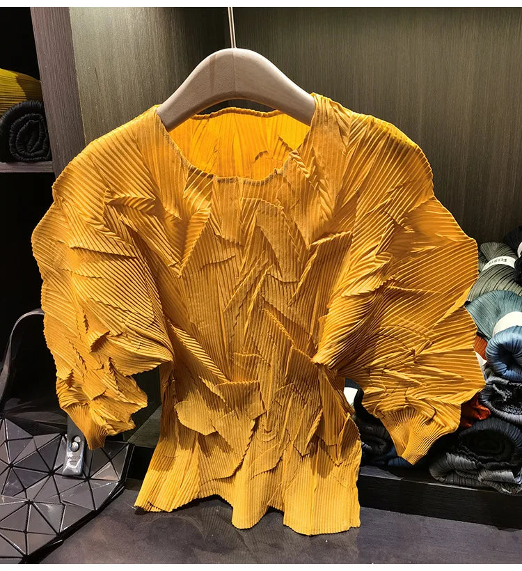 LANMREM New Batwing Sleeve Pleated Women's T-shirt American Style Loose Versatile Chic Round Collar Pullover Tops 2DB6558