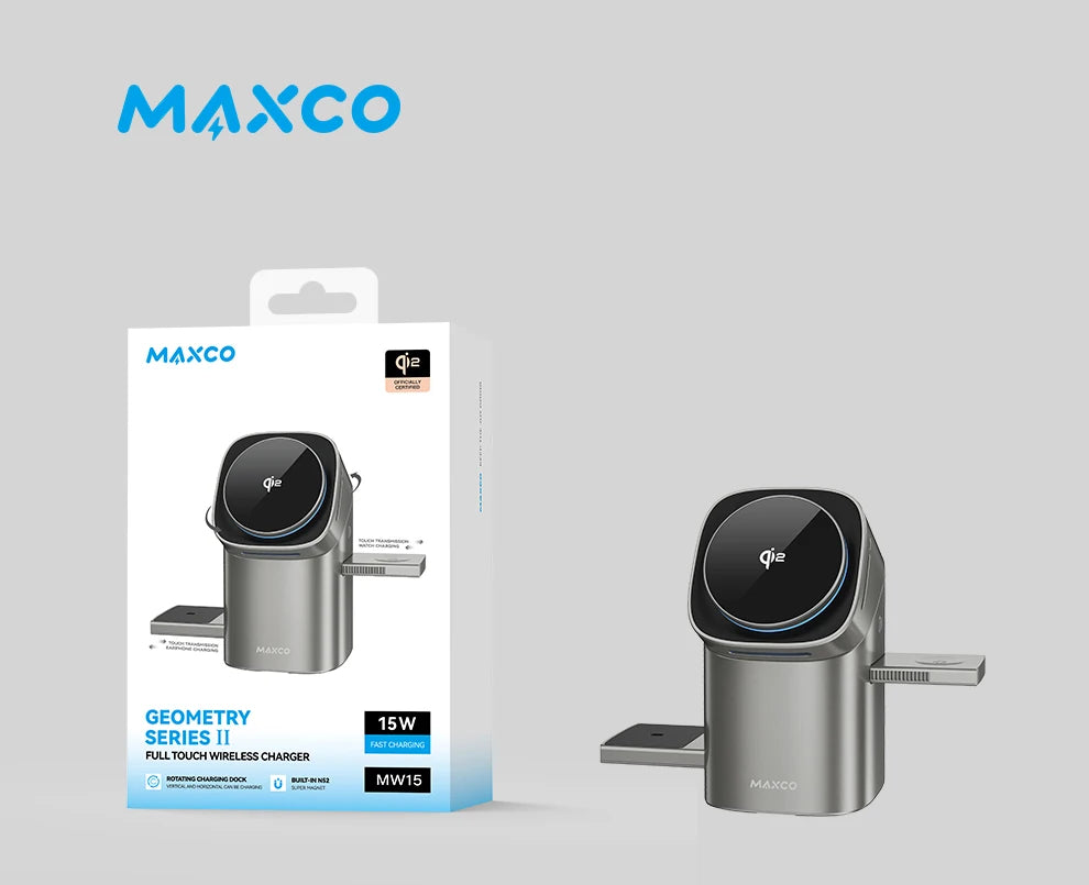 MAXCO Qi2 3-in-1 Wireless charger with Auto-Rotating Phone Dock compatible with MagSafe for iPhone Apple Watch Ultra 2 Airpods