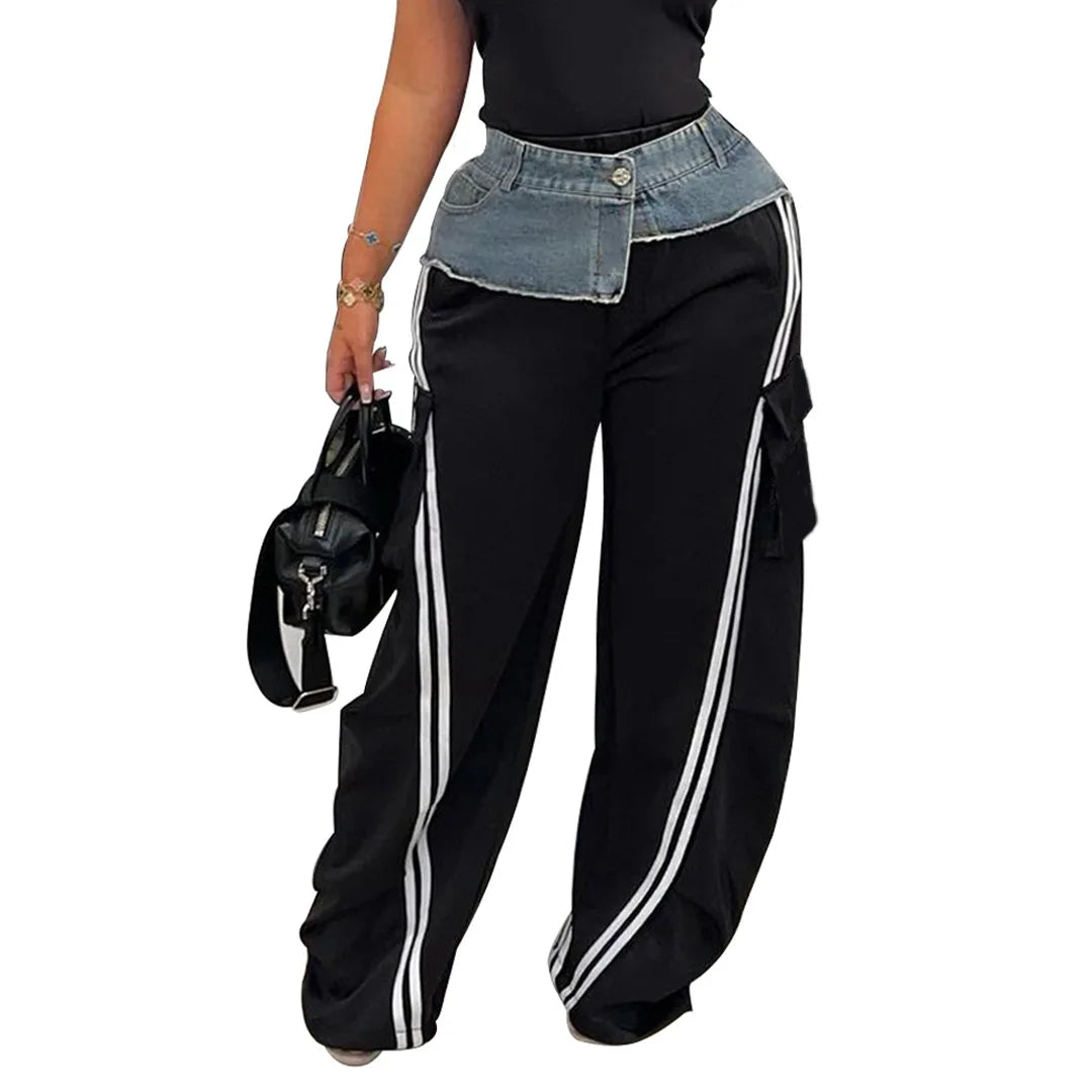 Customized Fashion Women Denim Patchwork Pocket Side Wide Leg Loose Jogger Pants Active Jean Splicing Sweatpants Trousers