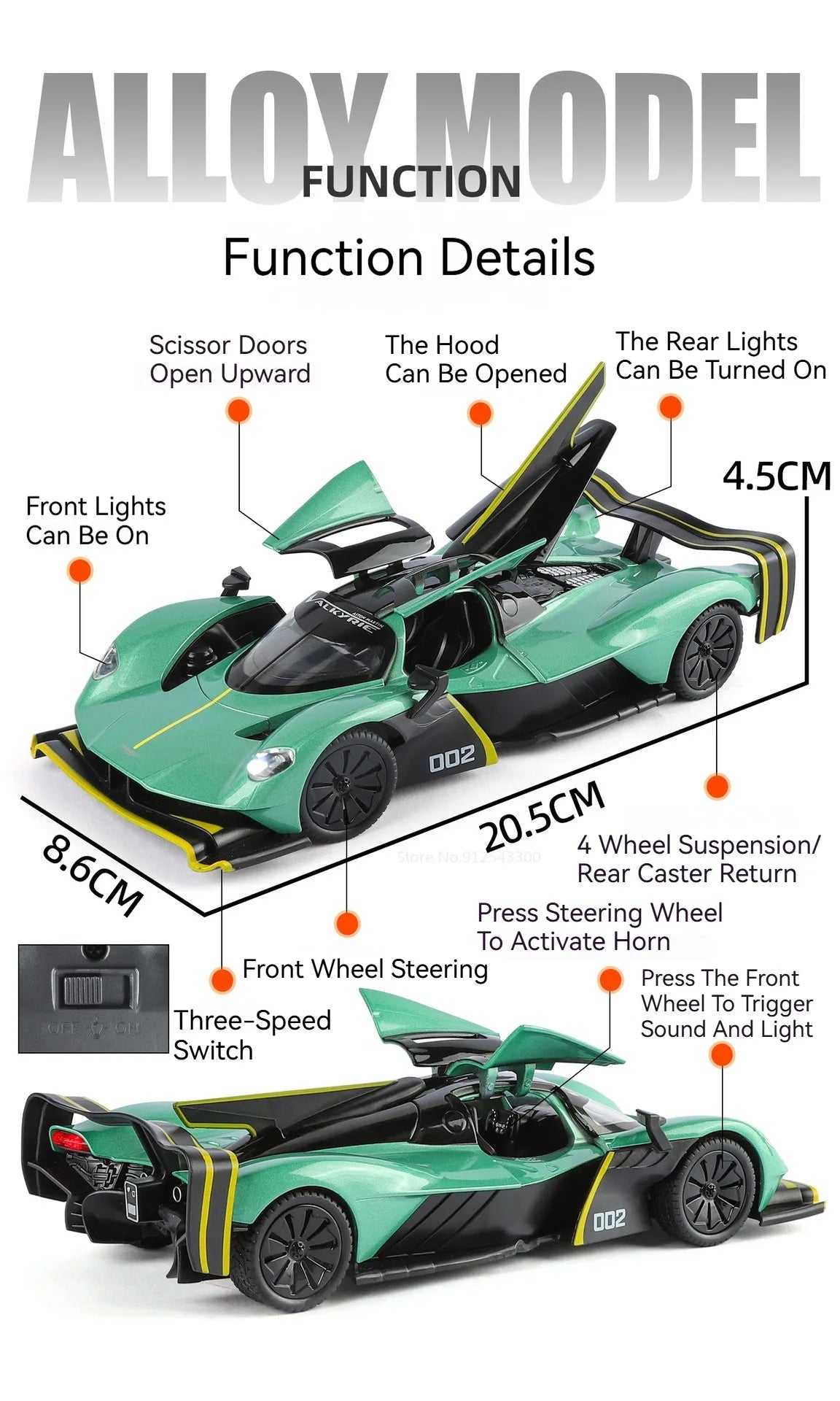 Valkyrie GT-R50 Sports 1:24 Car Model Toy Diecast Alloy Doors Opened Sound Light Supercar Collectible Ornaments Toy Gifts