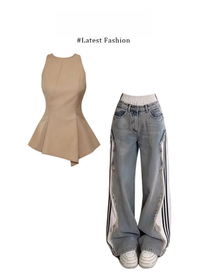 Parkyeon Women's Sleeveless Vest Top Summer Casual Wear with Jeans Set Waist-Cinching Design Comfortable Loose Fit Fashionable