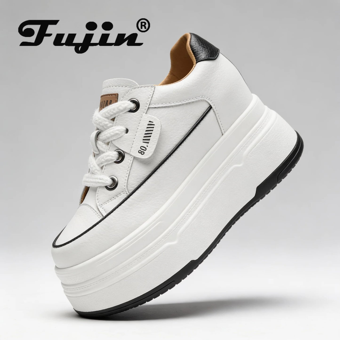Fujin 9cm 3 inch comfortable platform sneakers for women Genuine Leather Women Vulcanized Shoes Platform High Heels Casual Shoes
