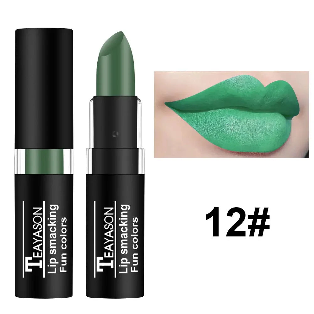12Colors Matte Lipstick Black Green Sexy Red Velvet Lip Gloss Long Lasting Non-stick Women Lip Tint Make Up Facial Body Cosmetic