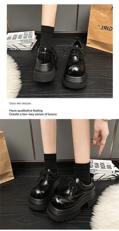 Women Retro Leather Loafers – Thick Sole Oxford Lace‑Up Platform Shoes