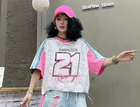 European Trend Suit Women's 2026 Summer New Printed Splicing Denim Ripped Loose Short-sleeved Straight Pants Tide