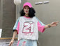 European Trend Suit Women's 2026 Summer New Printed Splicing Denim Ripped Loose Short-sleeved Straight Pants Tide