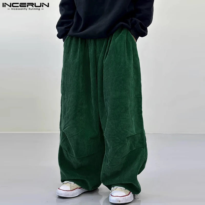 INCERUN Men Corduroy Pants Solid Color Loose Elastic Waist Streetwear Casual Wide Leg Trousers Men Long Pants