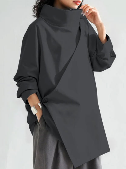 Gymystars 2026 New Black Long Sleeves Loose High Neck T-Shirts Tops Womens Spring Autumn Buttoned Casual Simpie Top