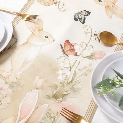 Easter Bunny Polyester Table Runner Happy Easter Decorations for Home Rabbit Butterfly Table Cloth Easter Party Supplies