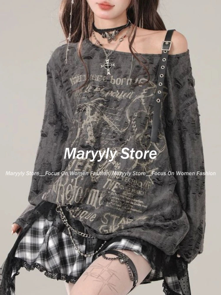Y2K Gothic Grunge Dark Hollow Out T Shirt Women Harajuku Hollow Out Off Shoulder Sexy Tees Autumn Punk Letter Print Tops New
