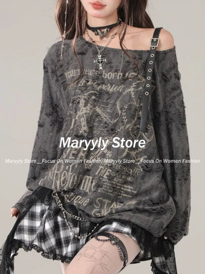Y2K Gothic Grunge Dark Hollow Out T Shirt Women Harajuku Hollow Out Off Shoulder Sexy Tees Autumn Punk Letter Print Tops New