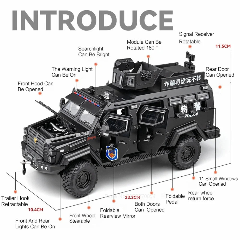 Swordtooth Tiger Police Car scale 1/24 Toy Model Alloy Diecast Explosion Proof Vehicles Door Opened Sound Light Pull Back Decoration Gift