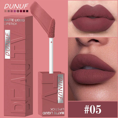 DUNUF  8-color matte velvet smooth easy-to-apply square tube lip gloss waterproof three-dimensional plumping lipstick