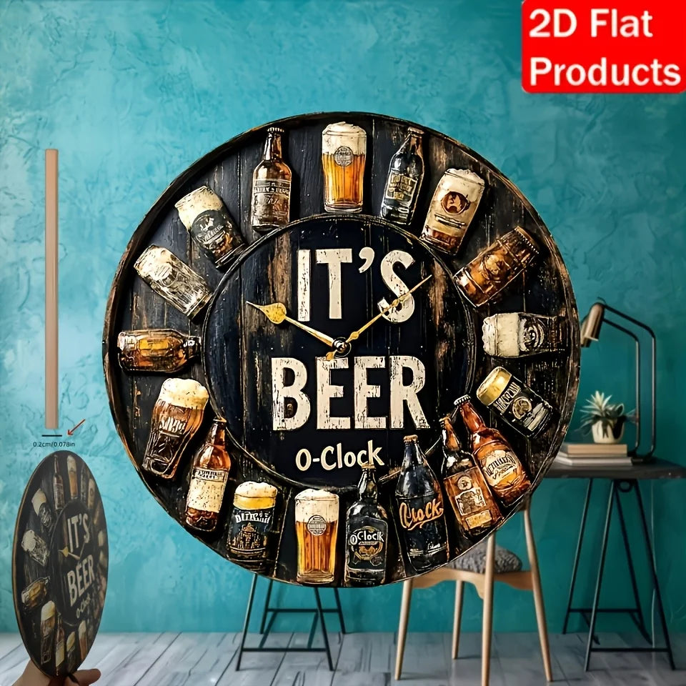 Beer O'Clock" Circular Wooden Wall Decor Sign with Beer Bottle & Glass Art - Artificial Wood Classic Home Bar Pub for