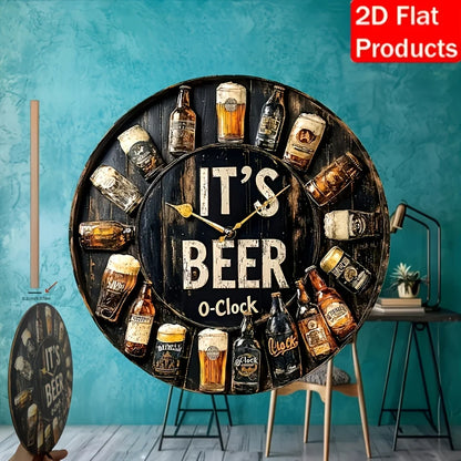 Beer O'Clock" Circular Wooden Wall Decor Sign with Beer Bottle & Glass Art - Artificial Wood Classic Home Bar Pub for