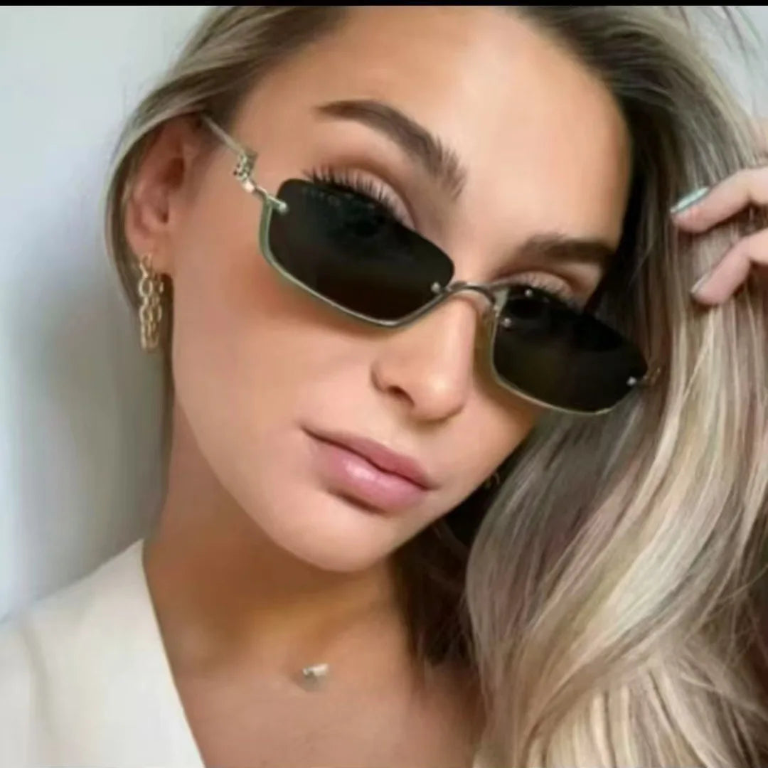 Luxury Brand Designer Half-Rim Rectangular Sunglasses Women Vintage Small Frame Sun Glasses Ladies Geometric Square Eyewear