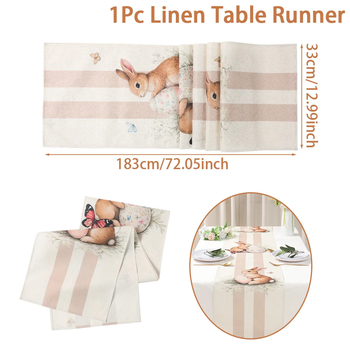 Easter Bunny Polyester Table Runner Happy Easter Decorations for Home Rabbit Butterfly Table Cloth Easter Party Supplies