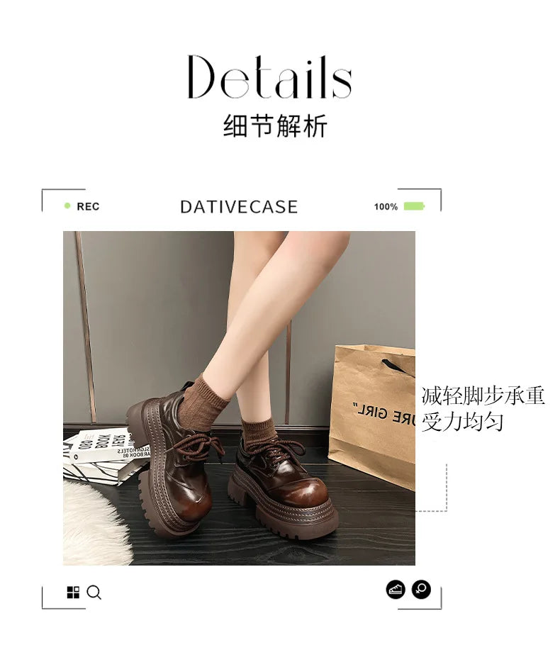 Women Retro Leather Loafers – Thick Sole Oxford Lace‑Up Platform Shoes