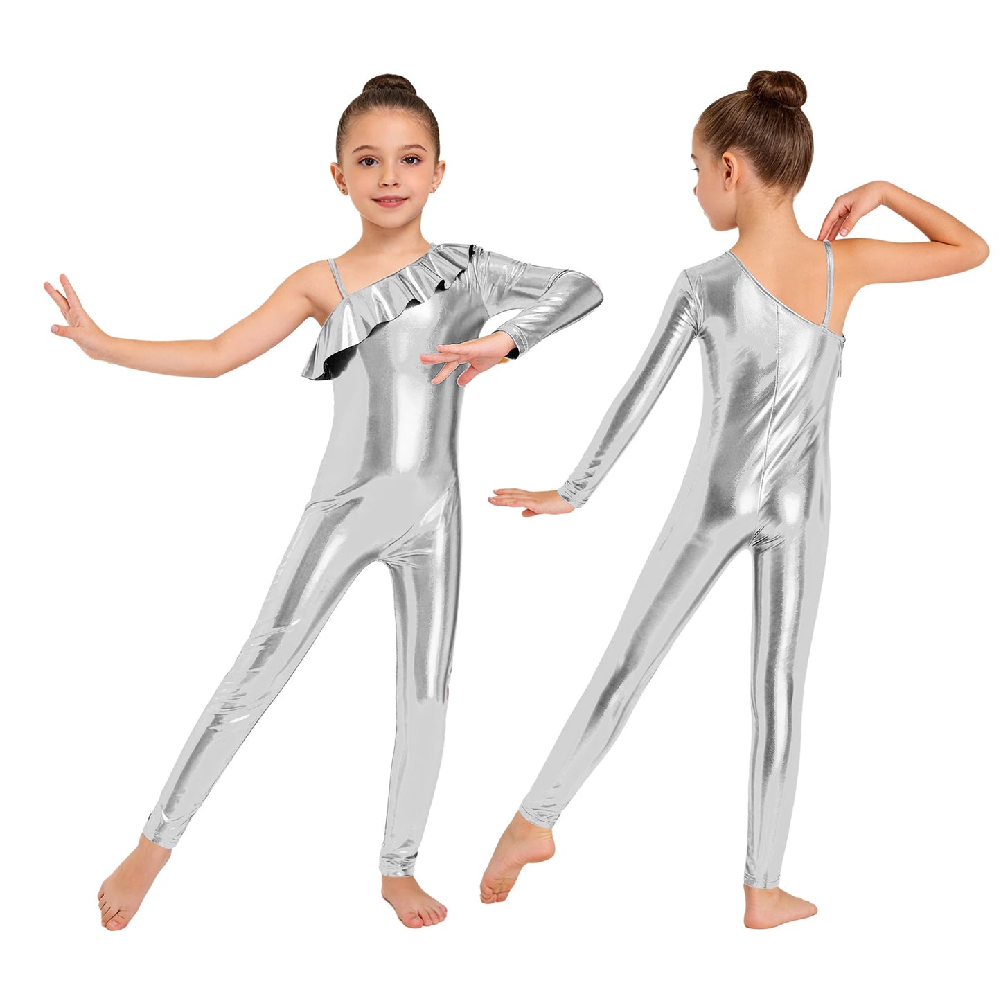 Kids Girls Metallic Shiny Ballet Dance Unitards Figure Skating Acrobatics Gymnastics Leotard One Shoulder Long Sleeve Jumpsuit