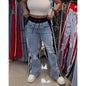 High Waist Ripped Jeans Women Colorblock Contrast Distressed Patchwork Pants Streetwear Wide Leg Long Stretch Denim Jeans