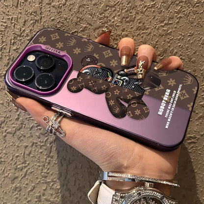 Matte Hard Case for iPhone 16 15 14 13 12 11 Pro Max XS X XR 8 7 Plus SE 2020 Luxury Retro Robot Bear Shockproof Plating Cover