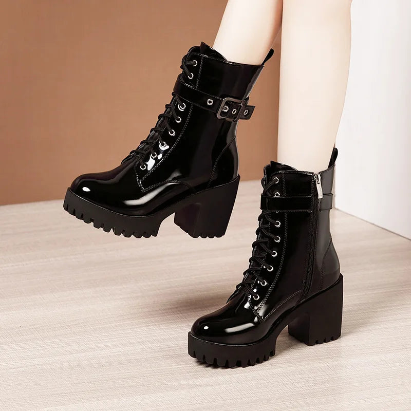 Plus Size 32-43 Platform Shoes Women Ankle Boots Leather  Fall Winter High Heels Boots Ladies Plush Motorcycle