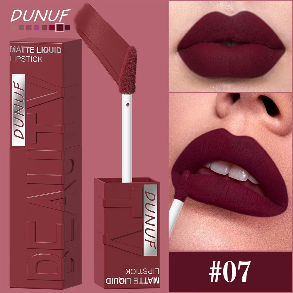 DUNUF  8-color matte velvet smooth easy-to-apply square tube lip gloss waterproof three-dimensional plumping lipstick