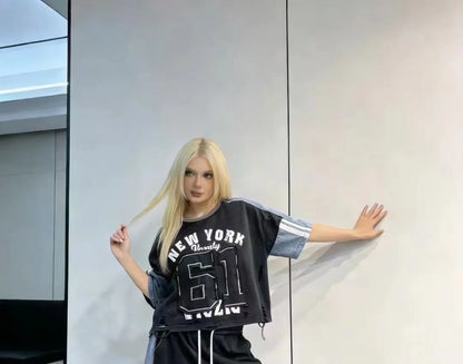 European Casual Suit Women's 2026 Spring and Summer New Letter-printed Trousers Denim Splicing Ripped Short-sleeved Top