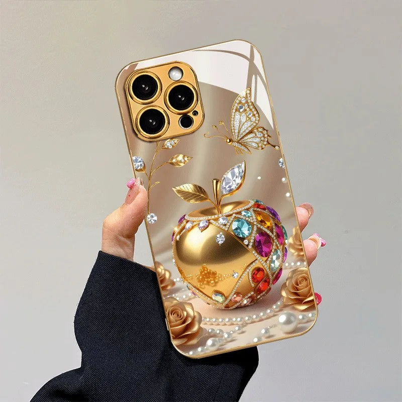 Luxury Golden For Apple Pattern Metallic Paint Glass Phone Case For iPhone 17 16 15 14 13 12 11 Pro Max 16 Plus 17 Air 16E Cover