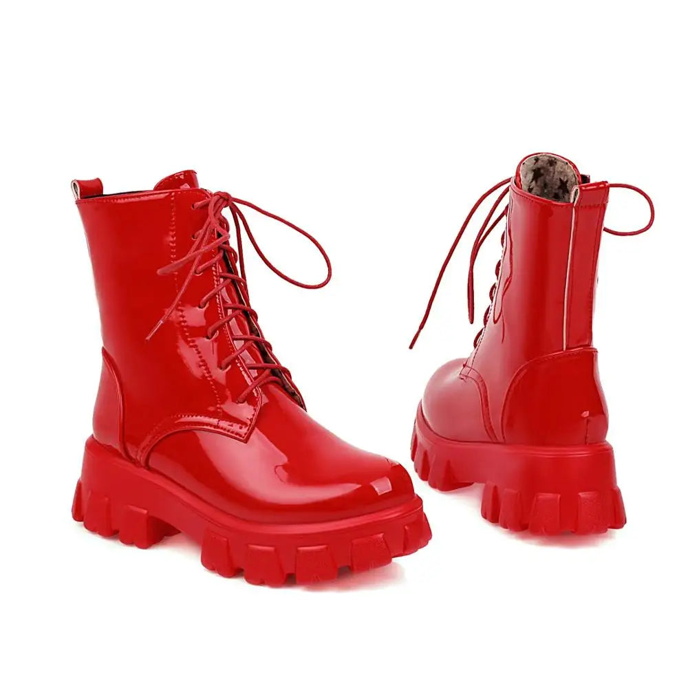 High End Women Boot Fashion Patent Leather Ankle Boots Exquisite Lace Platform Boots for Woman Luxury Designer Shoes Botas Mujer