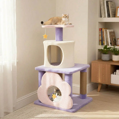 31.5" Cute Modern Cat Tree With Condo Top Perch Jute Scratching Posts Hanging Toy Blue/Purple
