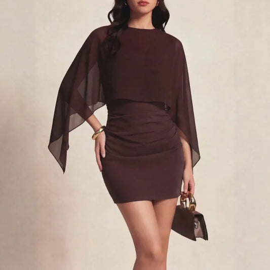 Women Slim Fit Cape Mini Dress Fall O Neck Bodycon Skirt Elegant Fashion Street Style Casual Party Evening Sexy Clothes
