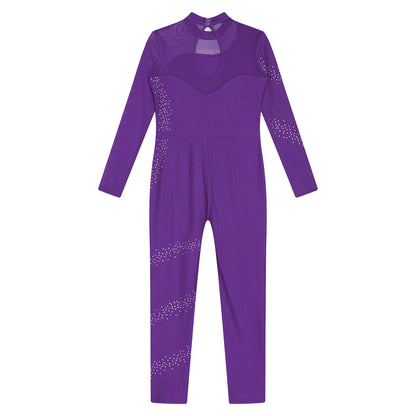 Kids Girls Ballet Dance Gymnastics Leotard Figure Skating Acrobatics Yoga Bodysuit Long Sleeve Shiny Rhinestone Mesh Jumpsuit
