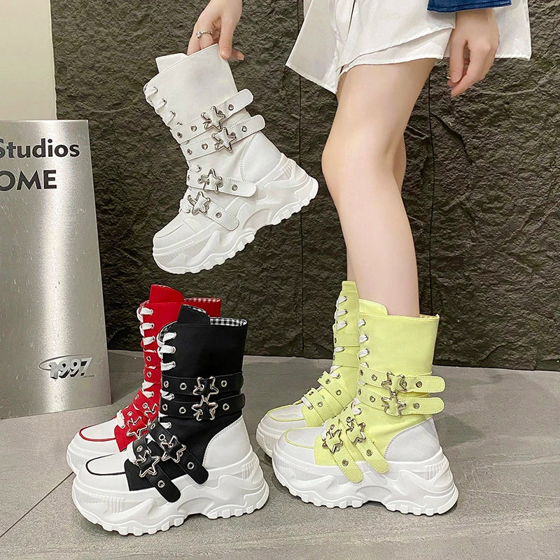 New Rock Platform Y2K Boots Women Summer 2026 Gothic Metal Star Belt Buckle Thick Sole Mid Calf Boots Woman Designer Punk Shoes