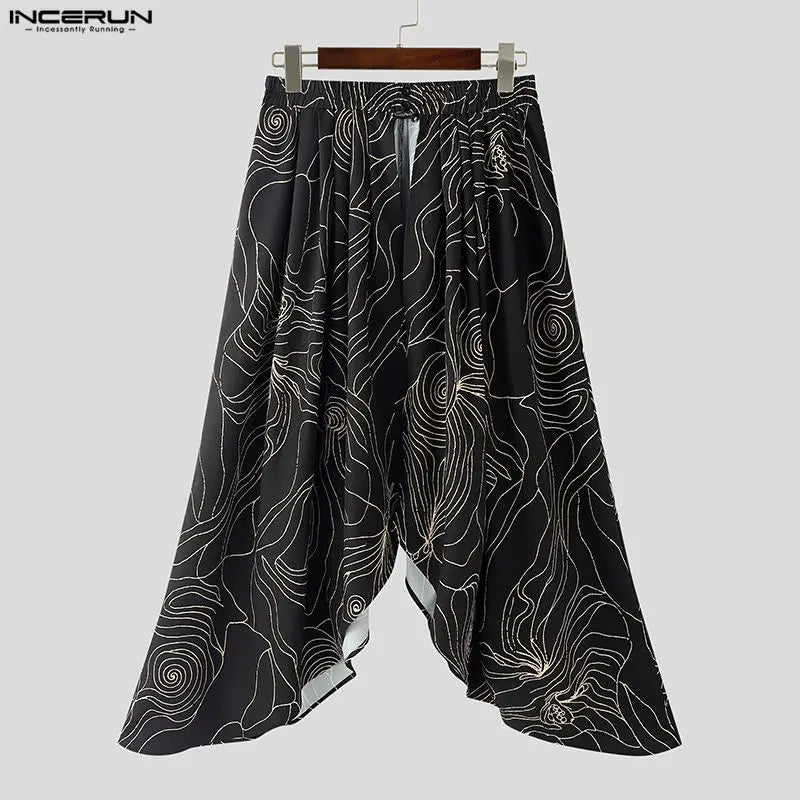 INCERUN Men Irregular Skirts Printing Elastic Waist Joggers Casual Wide Leg Trousers Men Streetwear Baggy 2026 Fashion Male Bott