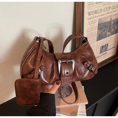Shoulder Bags Y2K Retro Style Shoulder Bag, Maillard Pleated Rivet Armpit Bag, Fashionable Ladies Cool Leather Shoulder Bag