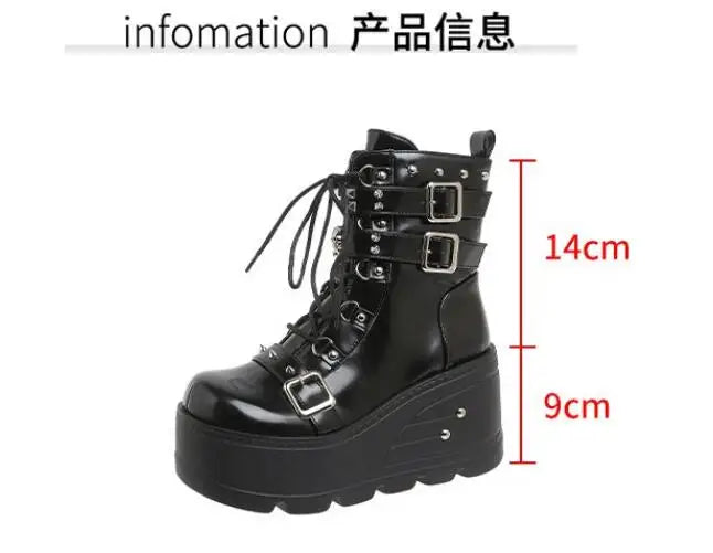 New Punk Women's Boots Wedges Ladies Shoes Patent Leather Boot Rivets Cosplay Ankle Boots Zip Ladies Gothic Motorcycle Boot