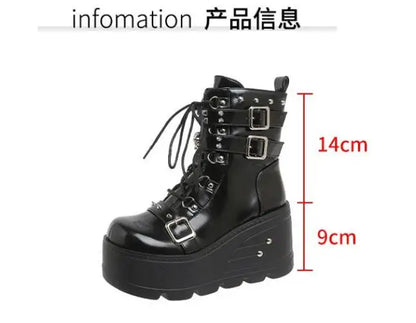 New Punk Women's Boots Wedges Ladies Shoes Patent Leather Boot Rivets Cosplay Ankle Boots Zip Ladies Gothic Motorcycle Boot