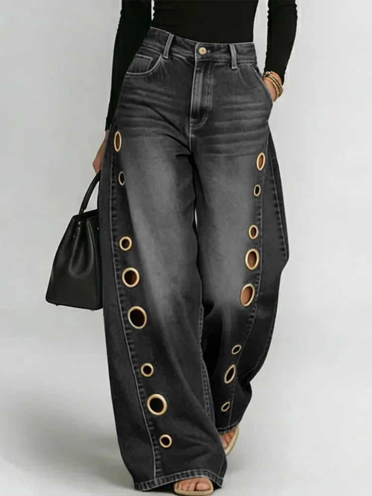 Missuoo Women's 2026 New Washed Blue High-Waist Metal Grommet Wide Leg Jeans, Casual Loose Fit Streetwear Pants for Daily Wear