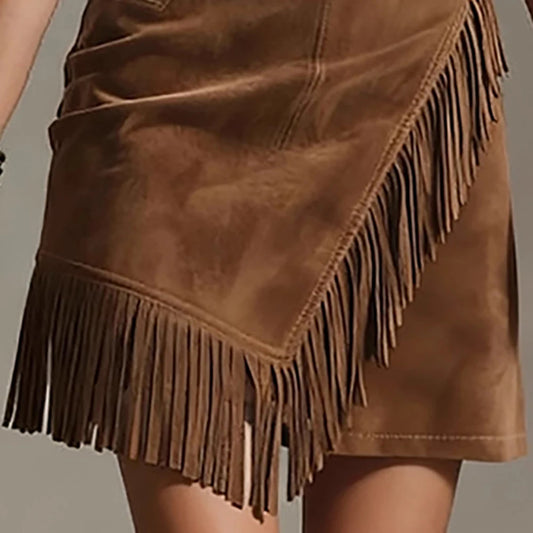 Vintage Tassel Suede Women's Elegant Skirt Brown Irregular Fashion Back Zipper Skirt Western Cowgirl High Street Chic Skirt
