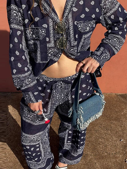 Women's Bandana Print Two Piece Set Boho Long Sleeve Shirt & Wide Leg Pants Matching Outfits for Beach Vacation Streetwear 2026